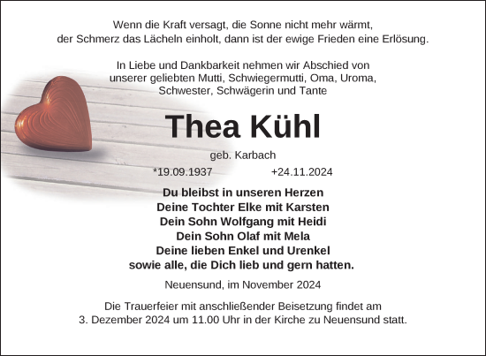 Traueranzeige von Thea Kühl von Nordkurier Pasewalker Zeitung