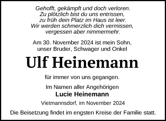 Traueranzeige von Ulf Heinemann von Uckermark Kurier Templiner Zeitung