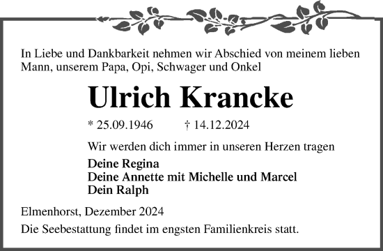 Traueranzeige von Ulrich Krancke von Norddeutsche Neueste Nachrichten