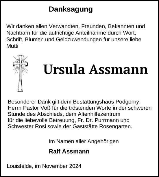 Traueranzeige von Ursula Assmann von Nordkurier Pasewalker Zeitung