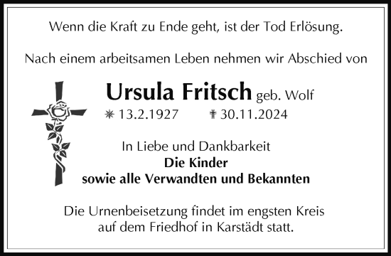 Traueranzeige von Ursula Fritsch von Der Prignitzer, Prignitz Express