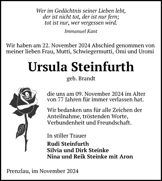 Traueranzeige von Ursula Steinfurth von Uckermark Kurier Prenzlauer Zeitung