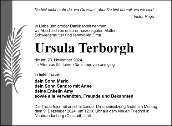 Traueranzeige von Ursula Terborgh von Nordkurier Neubrandenburger Zeitung