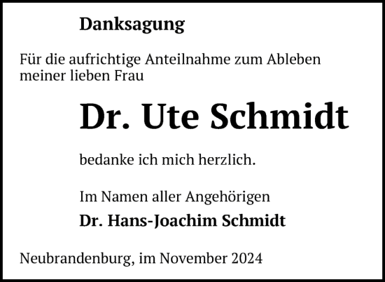 Traueranzeige von Ute Schmidt von Nordkurier Neubrandenburger Zeitung