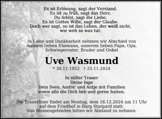 Traueranzeige von Uve Wasmund von Nordkurier Neubrandenburger Zeitung