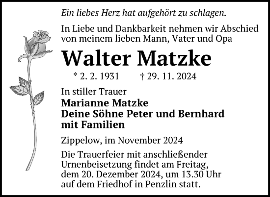 Traueranzeige von Walter Matzke von Nordkurier Strelitzer Zeitung