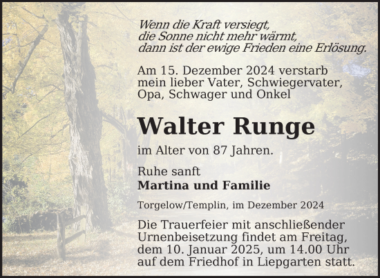 Traueranzeige von Walter Runge von Nordkurier Haff-Zeitung