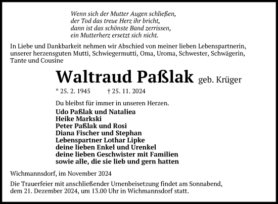 Traueranzeige von Waltraud Paßlak von Uckermark Kurier Templiner Zeitung