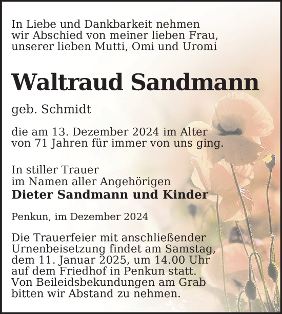 Traueranzeige von Waltraud Sandmann von Nordkurier Pasewalker Zeitung