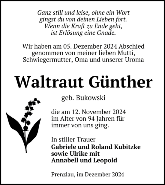 Traueranzeige von Waltraut Günther von Uckermark Kurier Prenzlauer Zeitung