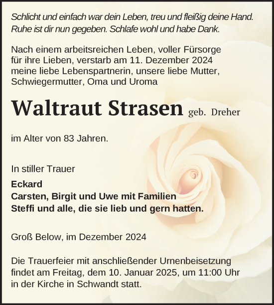 Traueranzeige von Waltraut Strasen von Nordkurier Neubrandenburger Zeitung