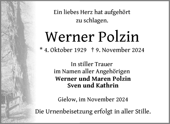 Traueranzeige von Werner Polzin von Nordkurier Mecklenburger Schweiz