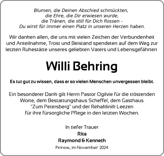 Traueranzeige von Willi Behring von Zeitung für die Landeshauptstadt