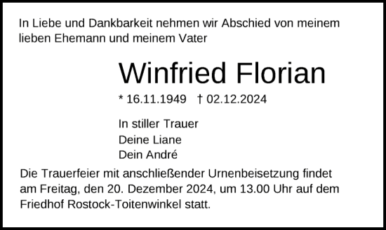 Traueranzeige von Winfried Florian von Norddeutsche Neueste Nachrichten