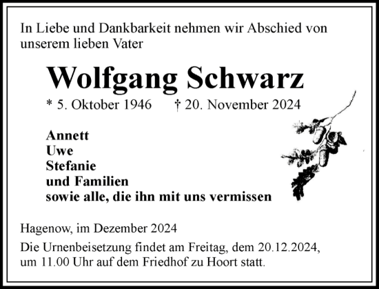 Traueranzeige von Wolfgang Schwarz von Hagenower Kreisblatt