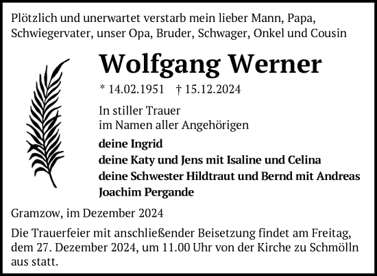 Traueranzeige von Wolfgang Werner von Uckermark Kurier Prenzlauer Zeitung