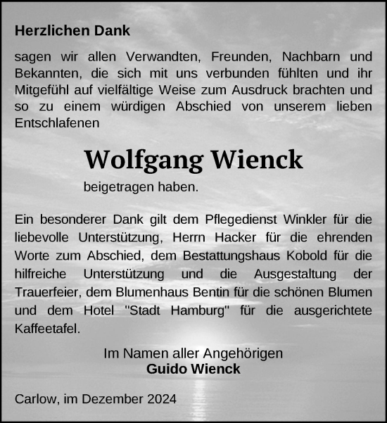 Traueranzeige von Wolfgang Wienck von Gadebusch - Rehnaer Zeitung