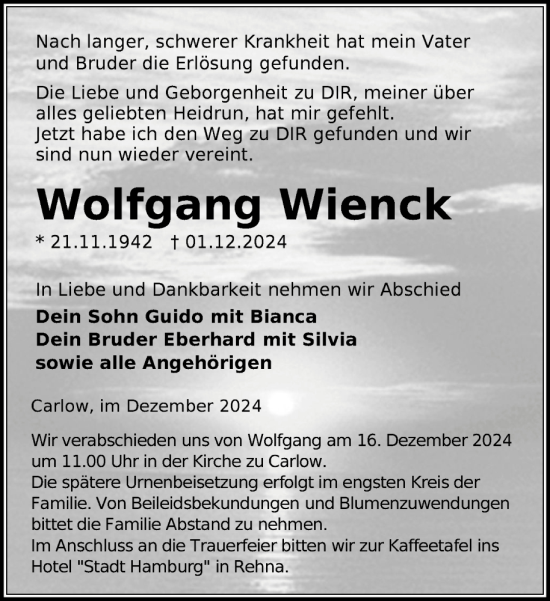 Traueranzeige von Wolfgang Wienck von Gadebusch - Rehnaer Zeitung