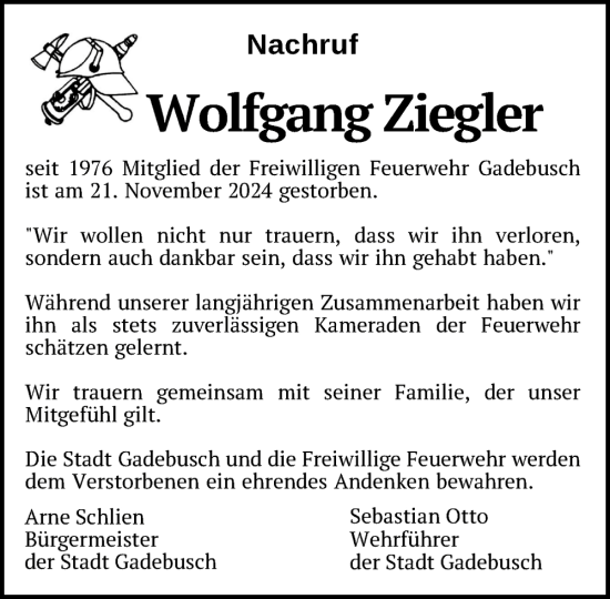 Traueranzeige von Wolfgang Ziegler von Gadebusch - Rehnaer Zeitung