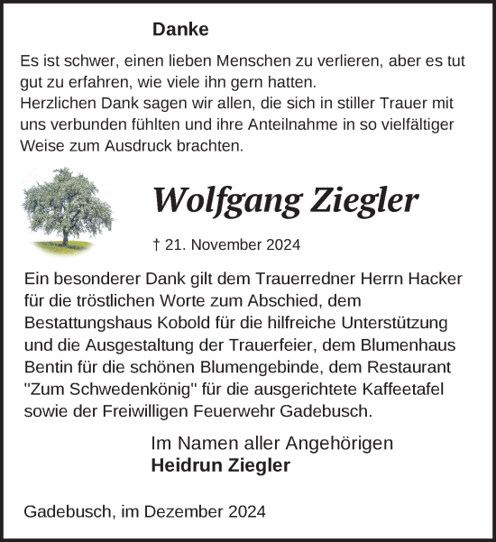 Traueranzeige von Wolfgang Ziegler von Gadebusch - Rehnaer Zeitung