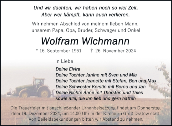 Traueranzeige von Wolfram Wichmann von Nordkurier Müritz-Zeitung