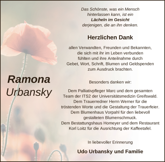 Traueranzeige von Ramona Urbansky von Vorpommern Kurier