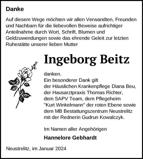 Traueranzeige von Ingeborg Beitz von STRELITZER ZEITUNG