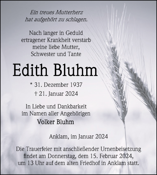 Traueranzeige von Edith Bluhm 