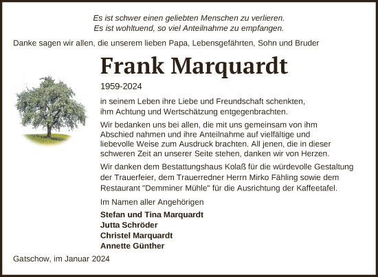 Traueranzeige von Frank Marquardt von Demminer Zeitung / Neubrandenburger Zeitung