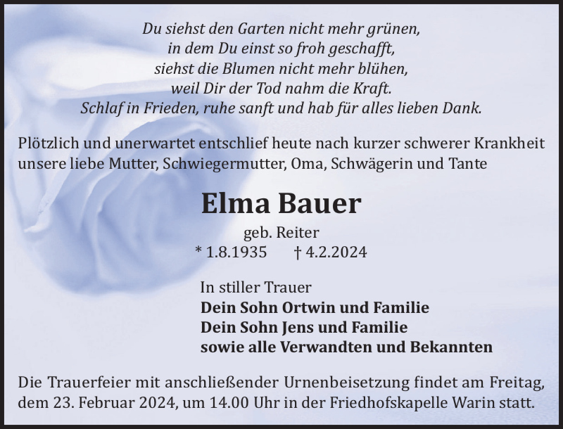  Traueranzeige für Elma Bauer vom 17.02.2024 aus Anzeiger für Sternberg - Brüel - Warin