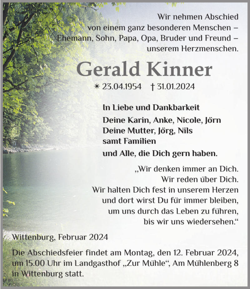  Traueranzeige für Gerald Kinner vom 07.02.2024 aus Hagenower Kreisblatt