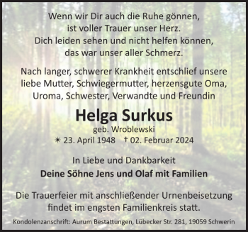 Traueranzeige von Helga Surkus von Zeitung für die Landeshauptstadt