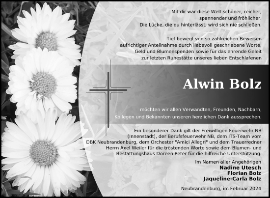 Traueranzeige von Alwin Bolz von Nordkurier Neubrandenburger Zeitung