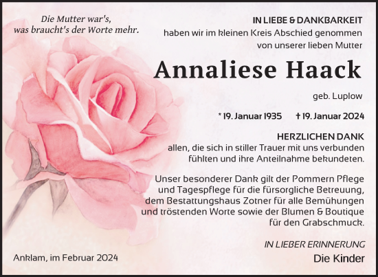 Traueranzeige von Annaliese Haack von Nordkurier Vorpommern Kurier