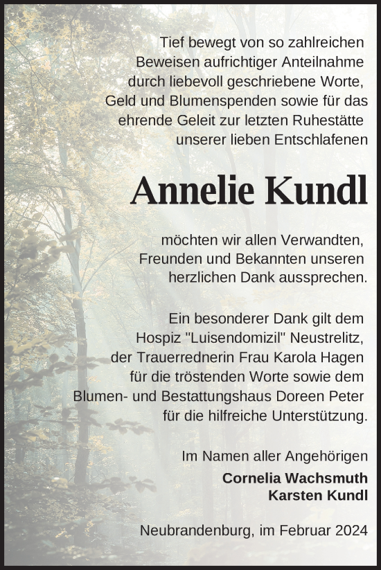 Traueranzeige von Annelie Kundl von Nordkurier Neubrandenburger Zeitung