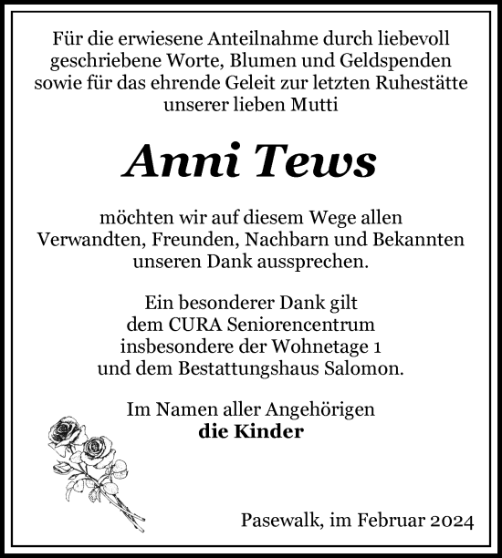 Traueranzeige von Anni Tews von Nordkurier Pasewalker Zeitung