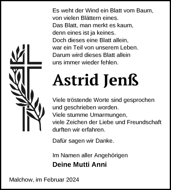 Traueranzeige von Astrid Jenß von Nordkurier Müritz-Zeitung