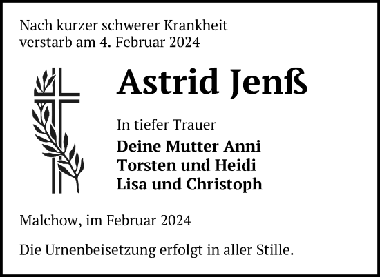 Traueranzeige von Astrid Jenß von Nordkurier Müritz-Zeitung