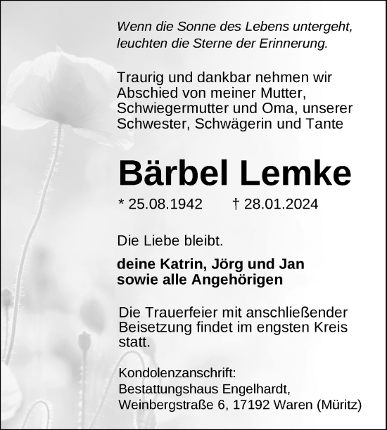 Traueranzeige von Bärbel Lemke von Nordkurier Müritz-Zeitung