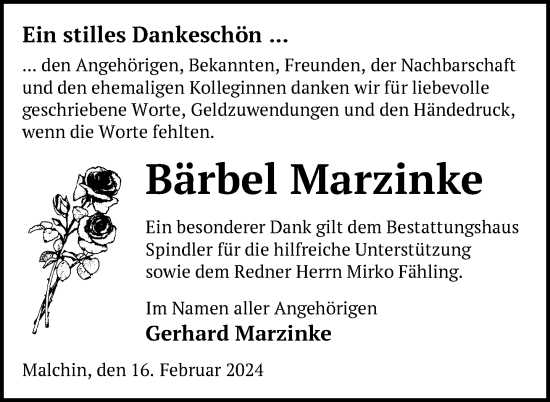 Traueranzeige von Bärbel Marzinke von Nordkurier Mecklenburger Schweiz