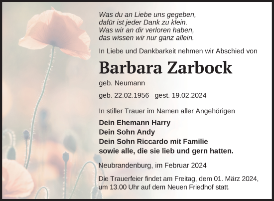 Traueranzeige von Barbara Zarbock von Nordkurier Neubrandenburger Zeitung