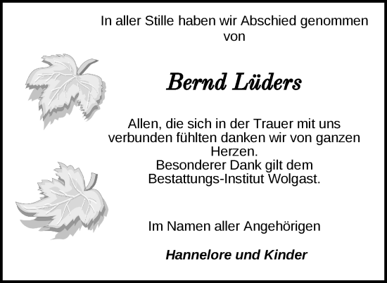 Traueranzeige von Bernd Lüders von Nordkurier Müritz-Zeitung