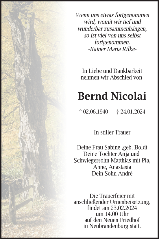Traueranzeige von Bernd Nicolai von Nordkurier Neubrandenburger Zeitung