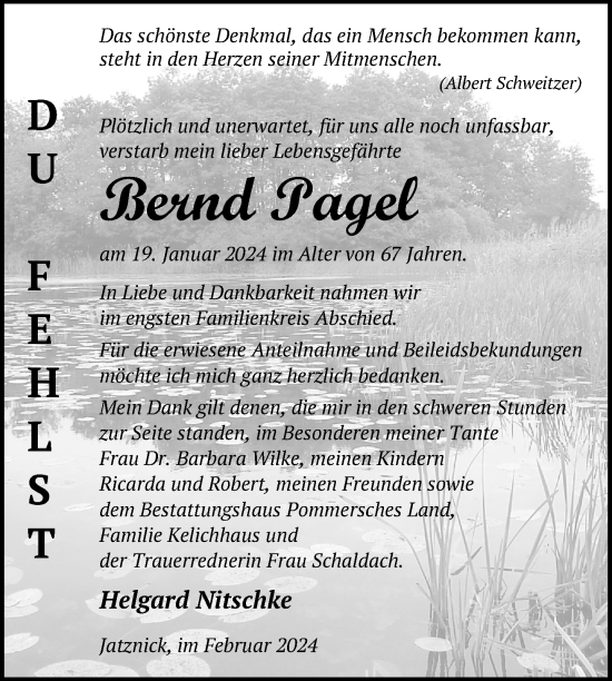 Traueranzeige von Bernd Pagel von Nordkurier Pasewalker Zeitung