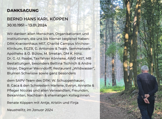 Traueranzeige von Bernd Hans Karl Köppen von Nordkurier Strelitzer Zeitung