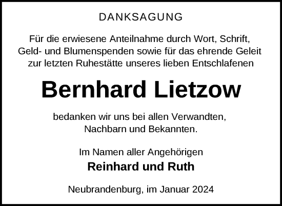 Traueranzeige von Bernhard Lietzow von Nordkurier Neubrandenburger Zeitung