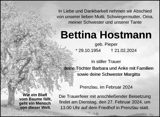 Traueranzeige von Bettina Hostmann von Uckermark Kurier Prenzlauer Zeitung