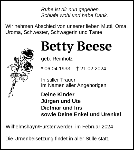 Traueranzeige von Betty Beese von Uckermark Kurier Prenzlauer Zeitung
