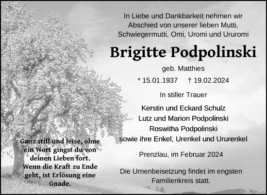 Traueranzeige von Brigitte Podpolinski von Uckermark Kurier Prenzlauer Zeitung