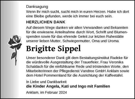 Traueranzeige von Brigitte Sippel von Nordkurier Vorpommern Kurier